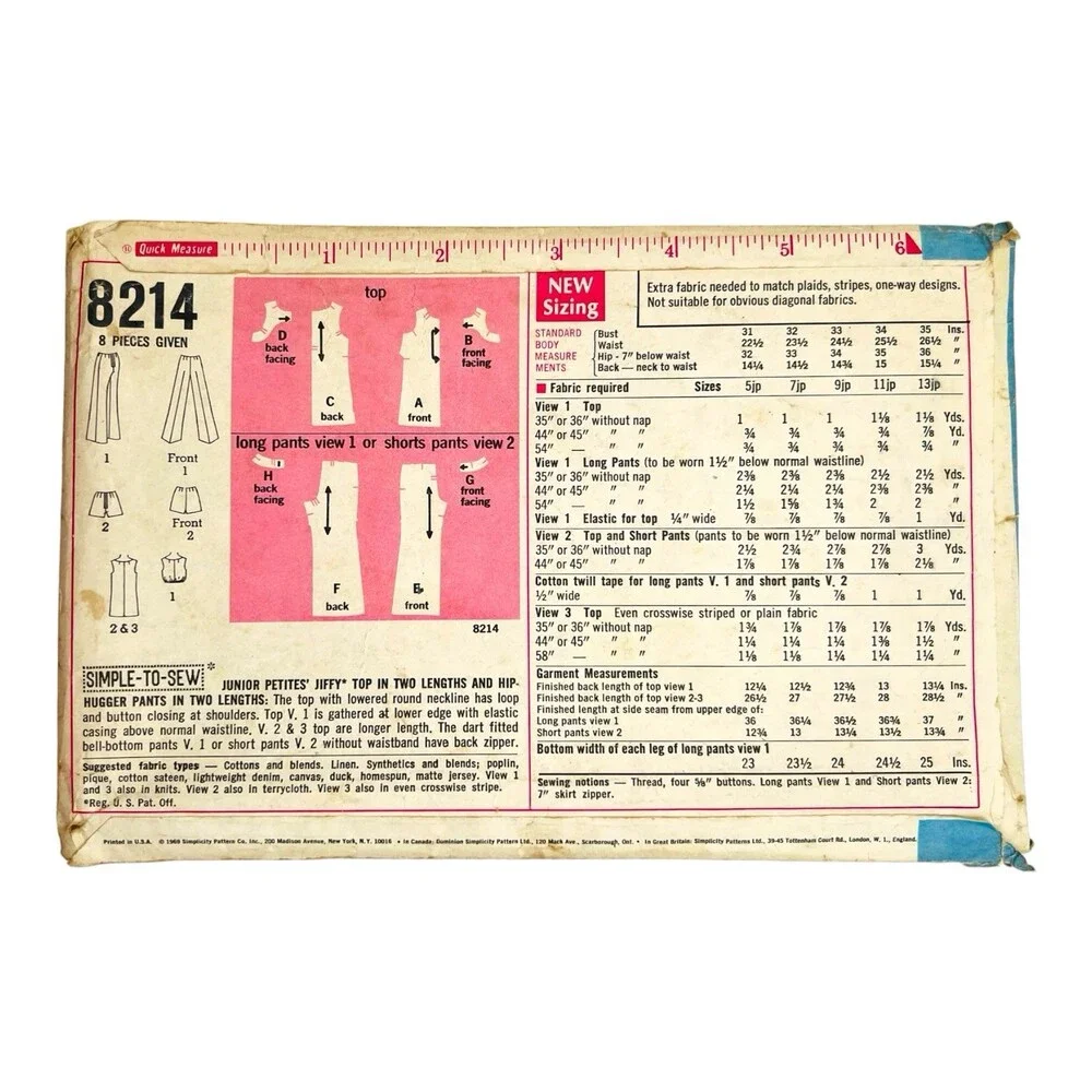 VTG 1969 Simplicity Sewing Pattern 2-Length Tops Hip Hugger Pants Sz 11JP #8214